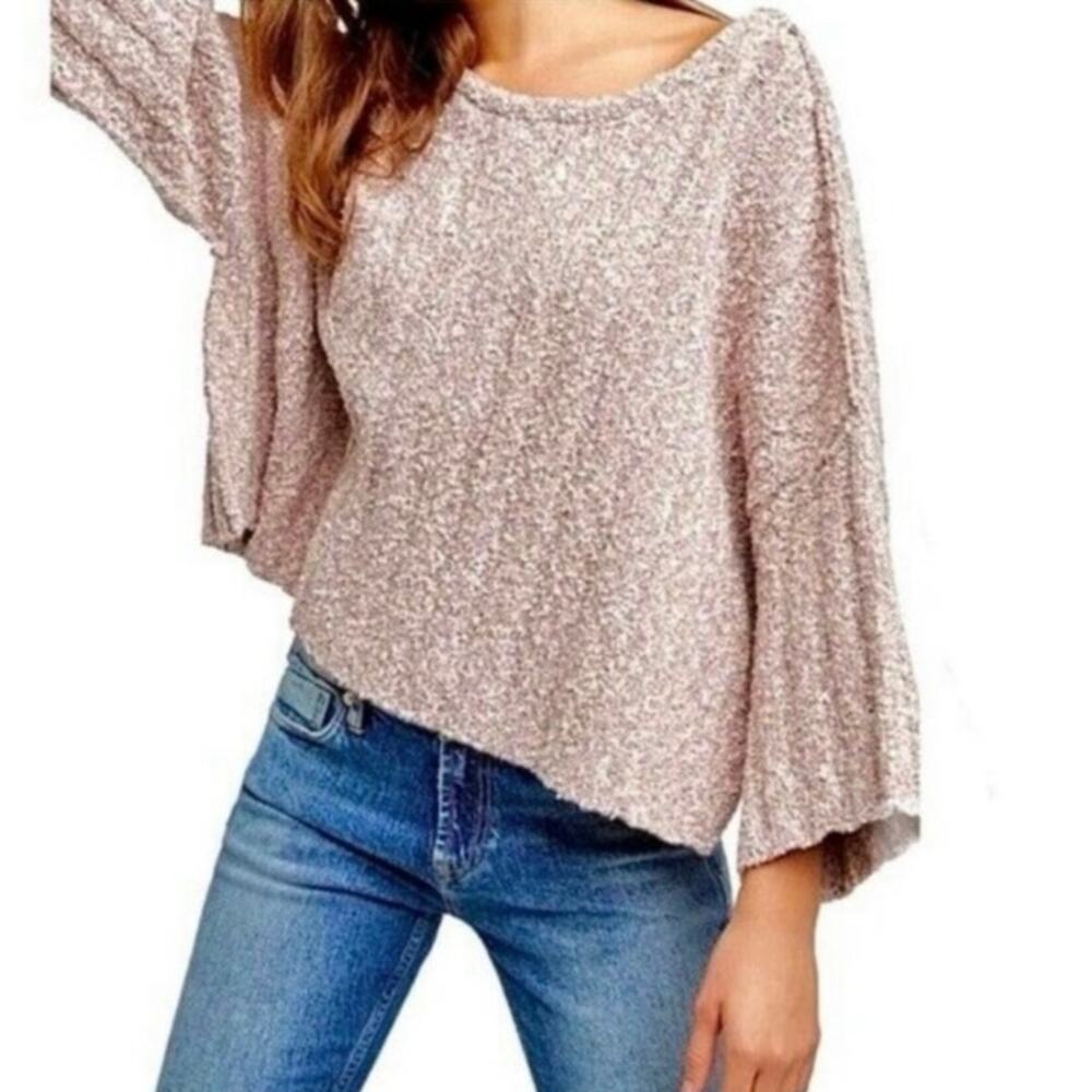 Free People Mauve Boucle Knit Oversized Boat Neck Sweater XS Bell Sleeve‎ Marled